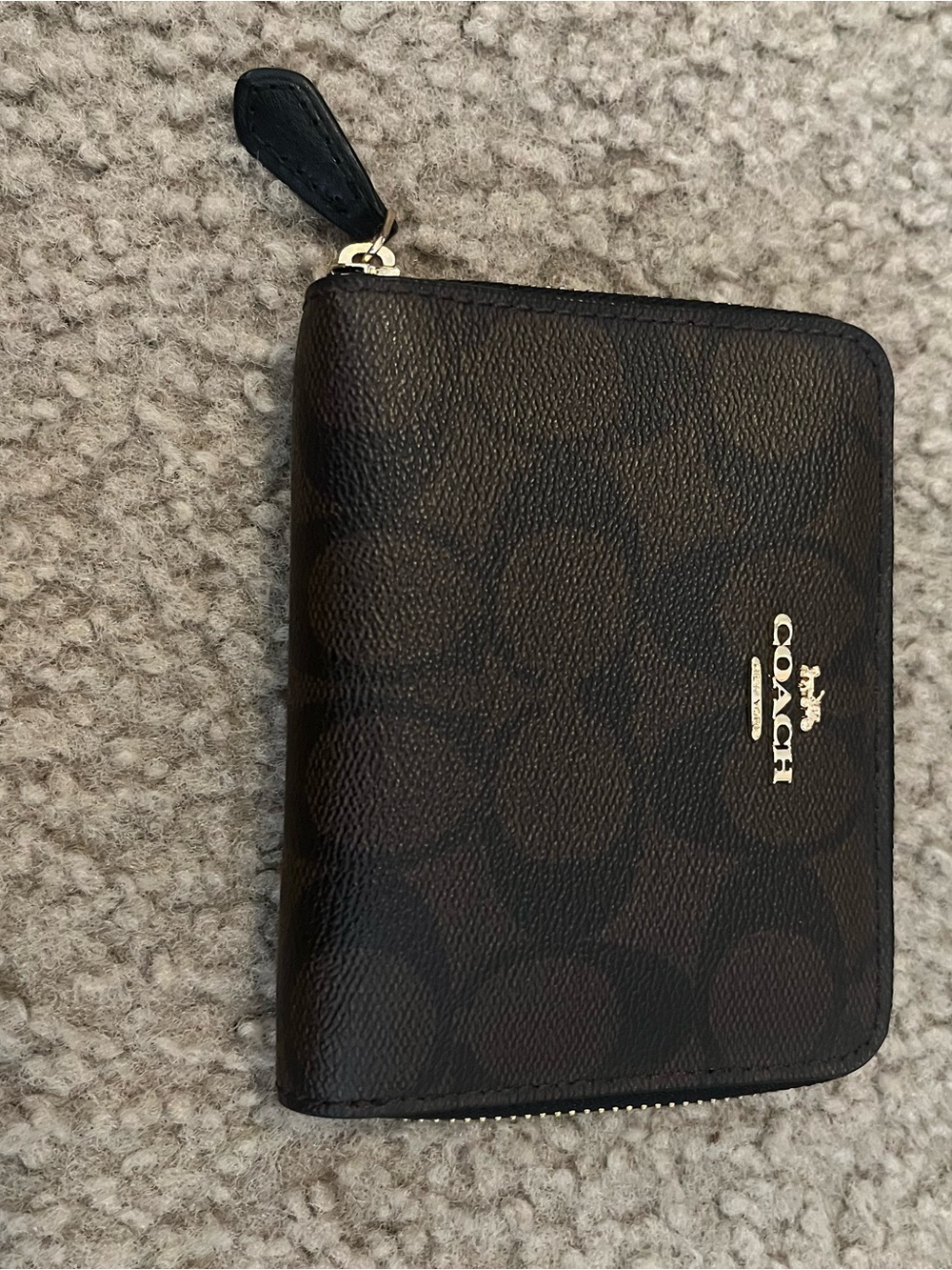 Coach Dark Brown Signature Zip Wallet with Gold Logo